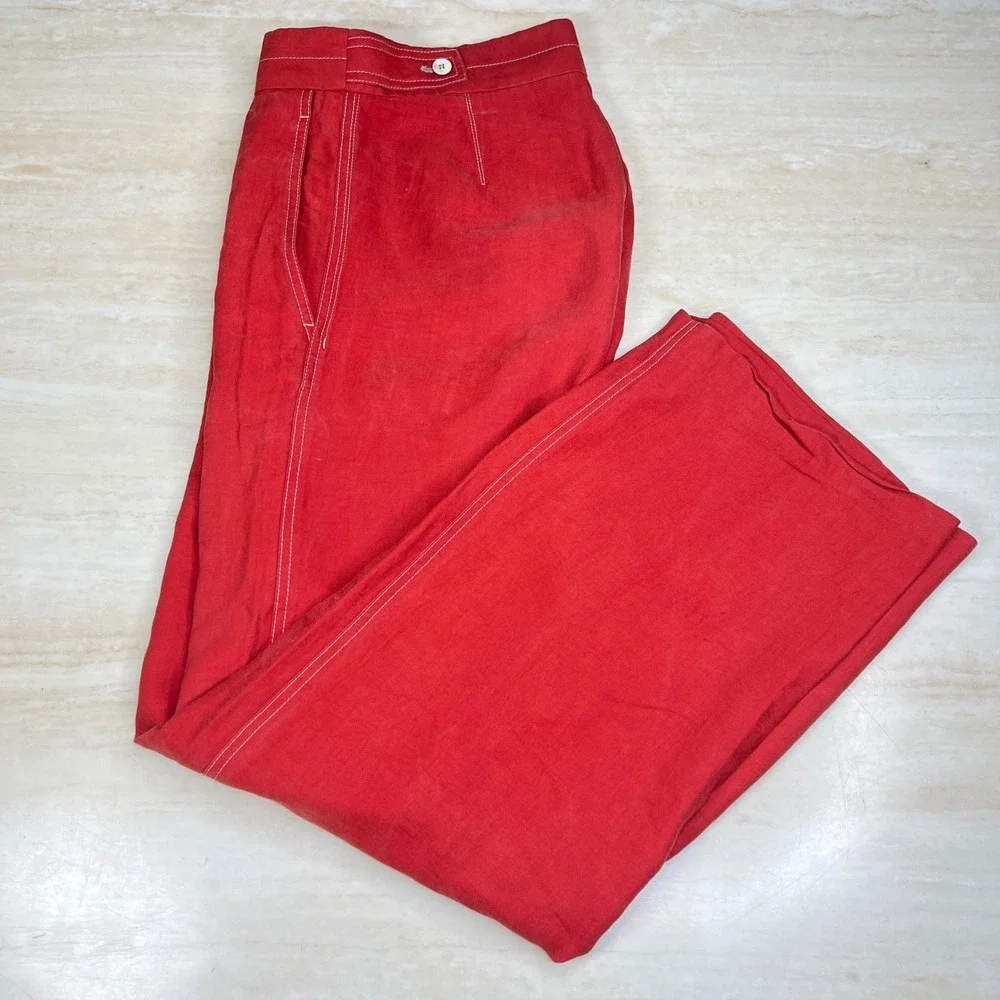Mango MNG Suit Red Wide Leg High Rise Contrast Stitch Trousers Pants Womens 2